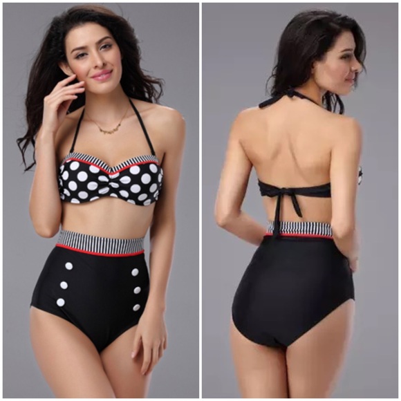 Retro Black & White Dot High Waist Push-Up Bikini - Picture 3 of 16